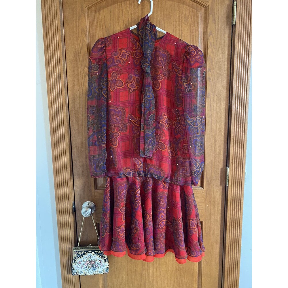 Vintage 80’s Judy Hornby Couture For I. Magnin Red Paisley/Plaid Dress